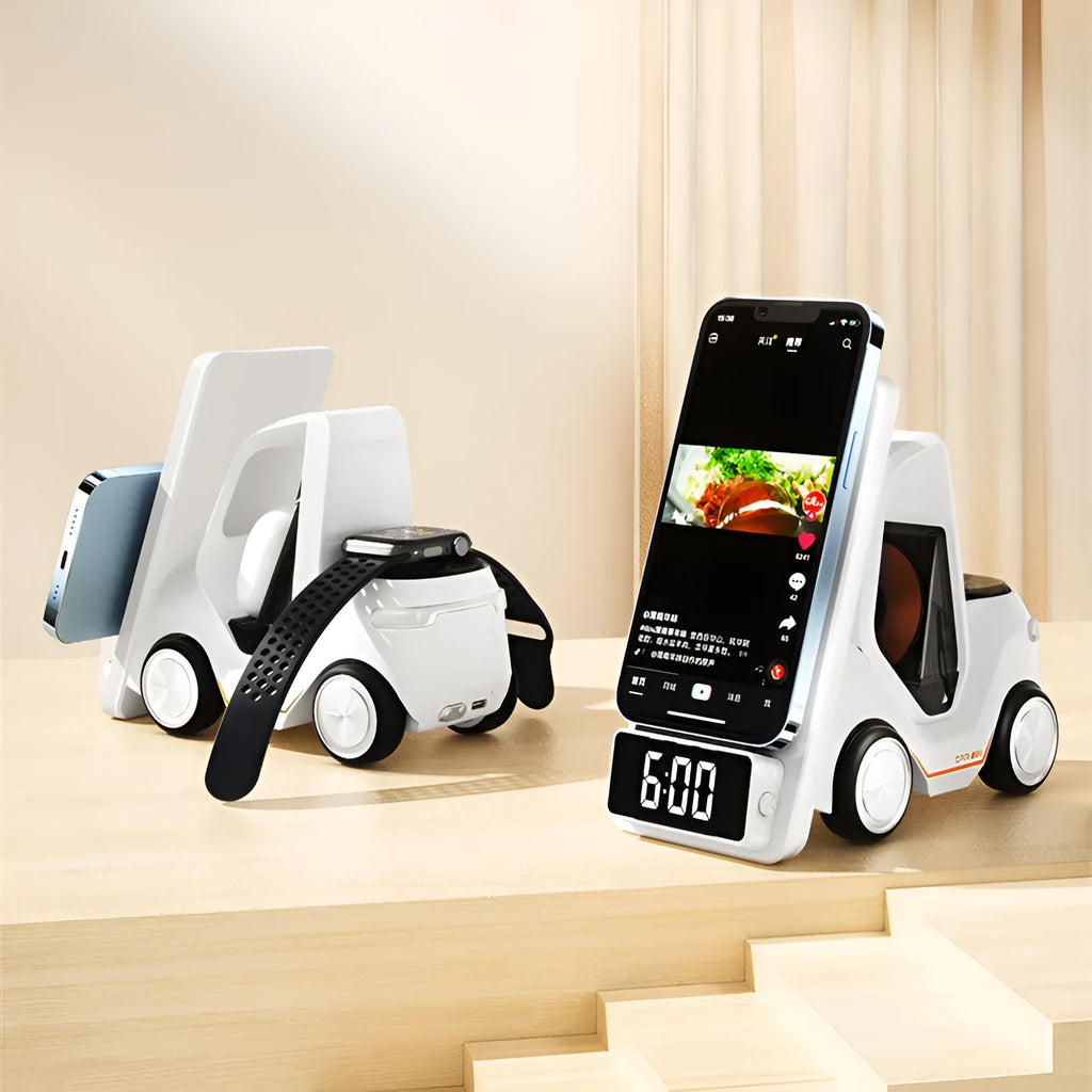 15W three-in-one wireless charging stand in grey colour showing adjustable viewing angles for devices