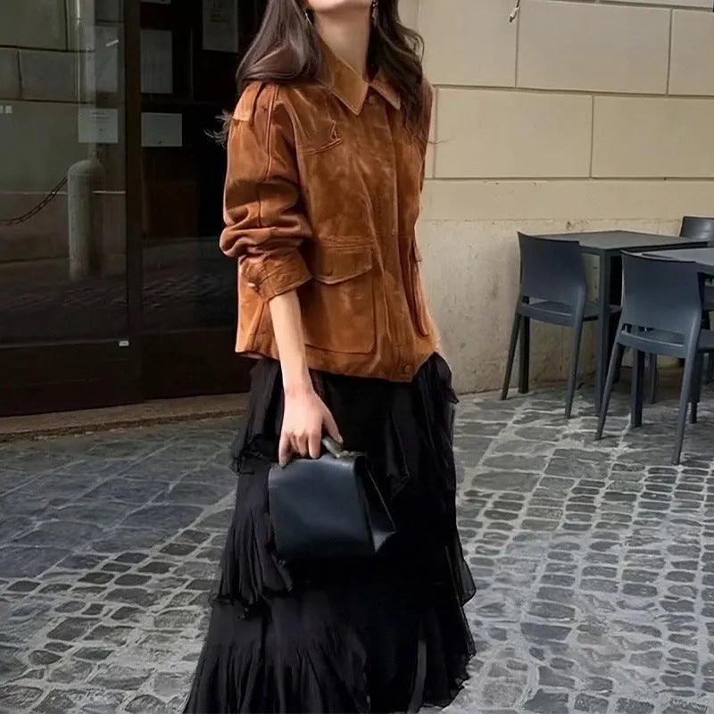 Women's brown suede-style coat with regular sleeves and street chic design