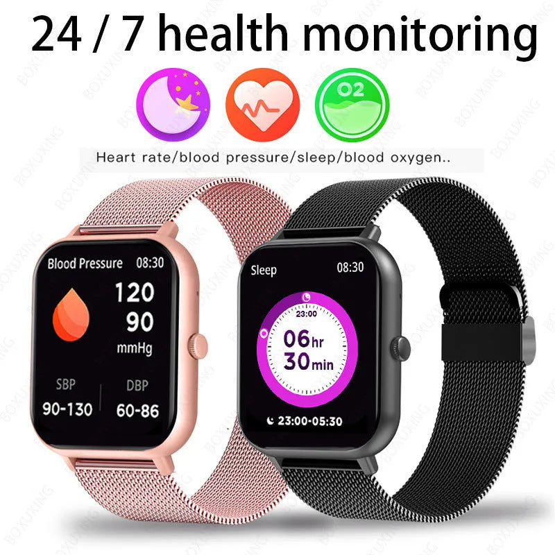 ZL54C smart watch showing AMOLED display with health monitoring metrics and Milan steel strap