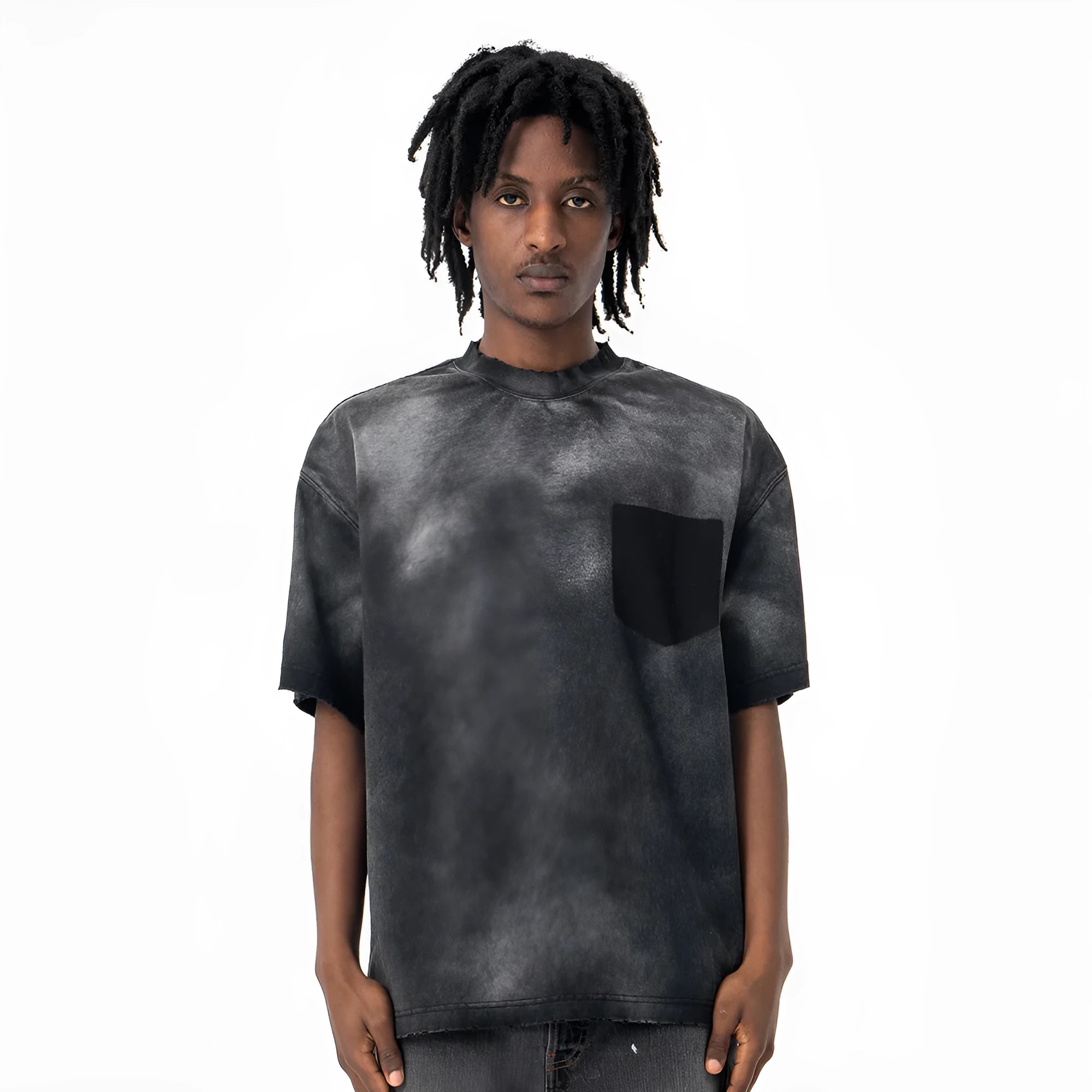 Black men's loose-fit cotton t-shirt with drop-shoulder sleeves and a printed letter pattern.