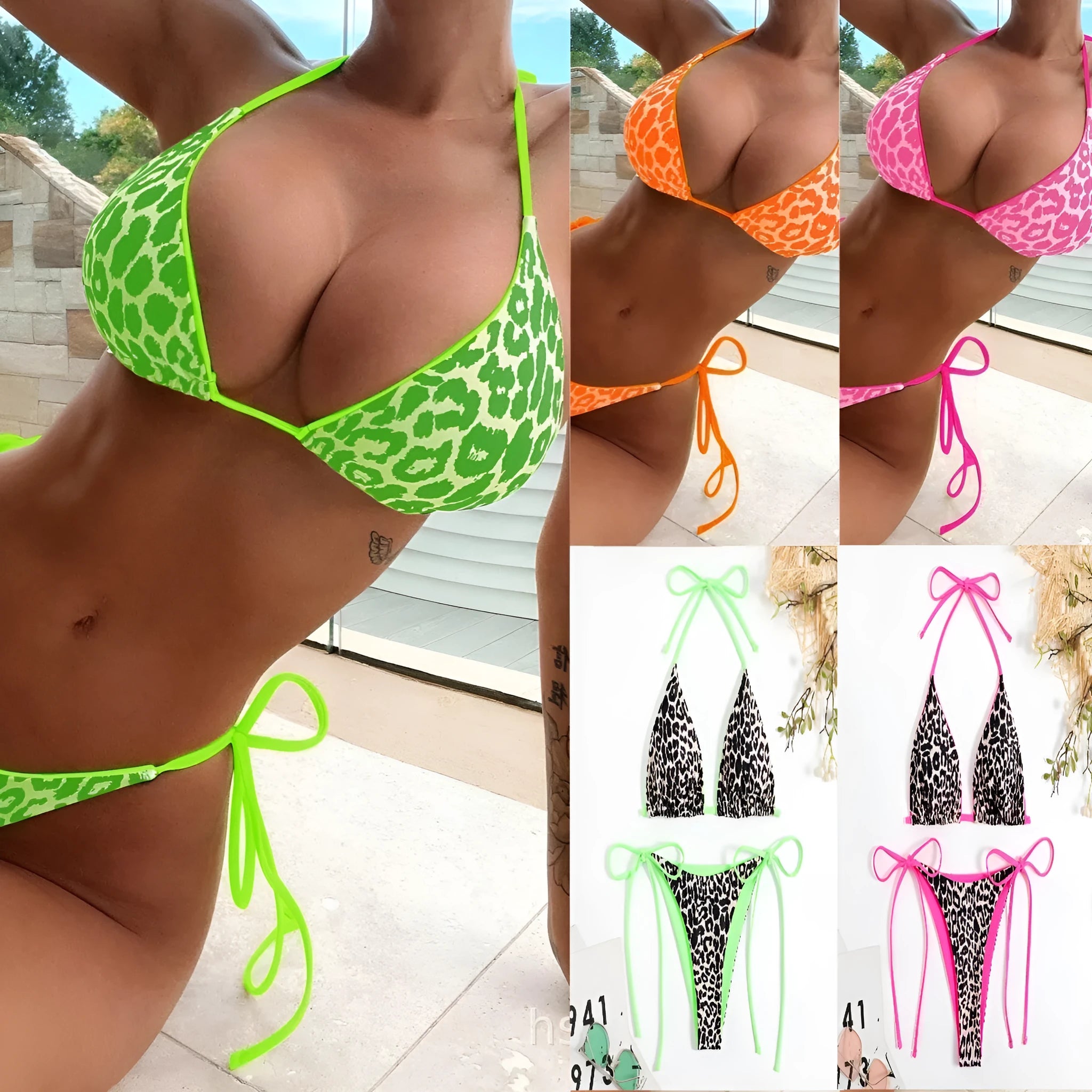 Women's adjustable lace-up triangle bikini set in polyester with tie-side bottoms