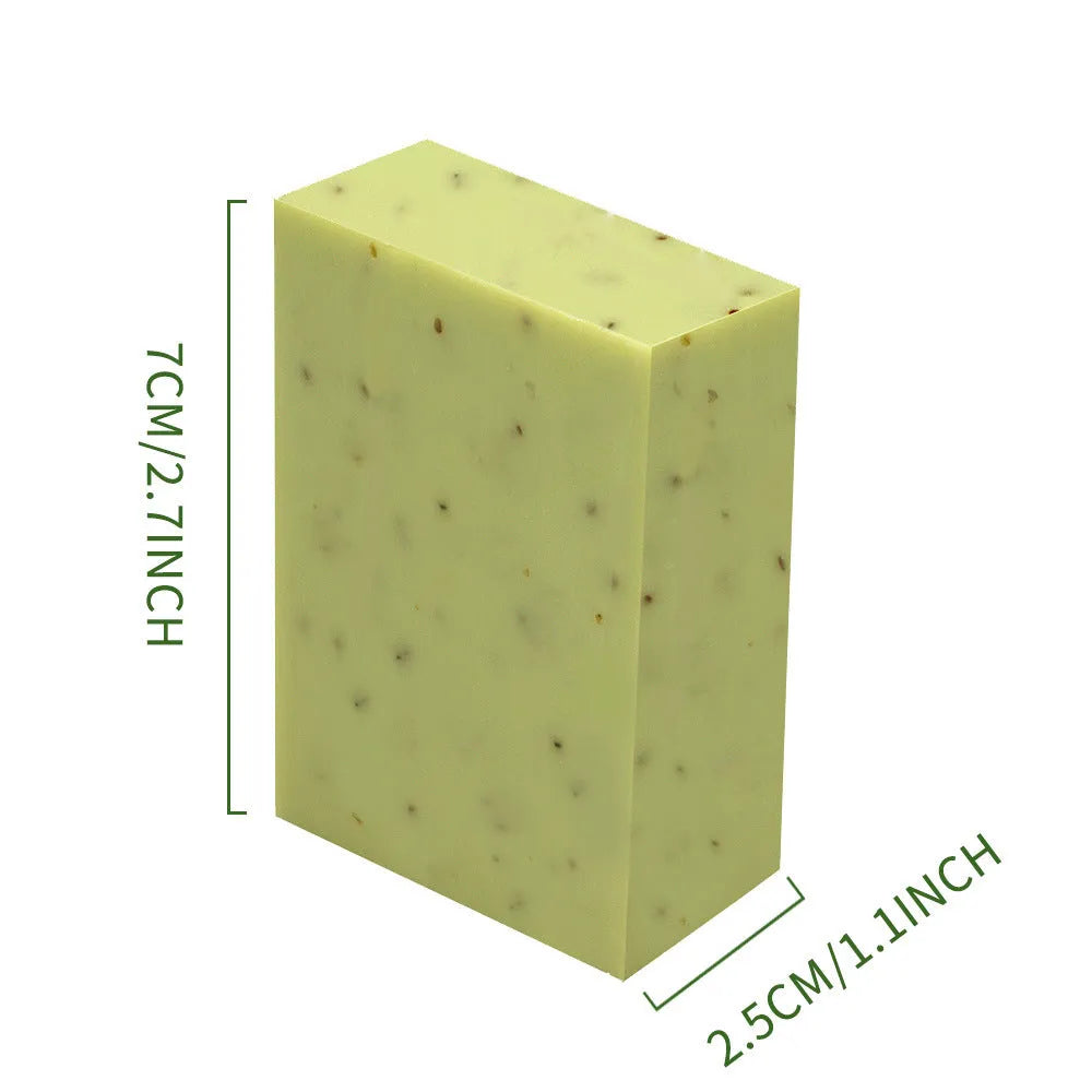 Handmade frosted essential oil soap bar in 100g size with scent options including coconut, green tea, lavender, and rose