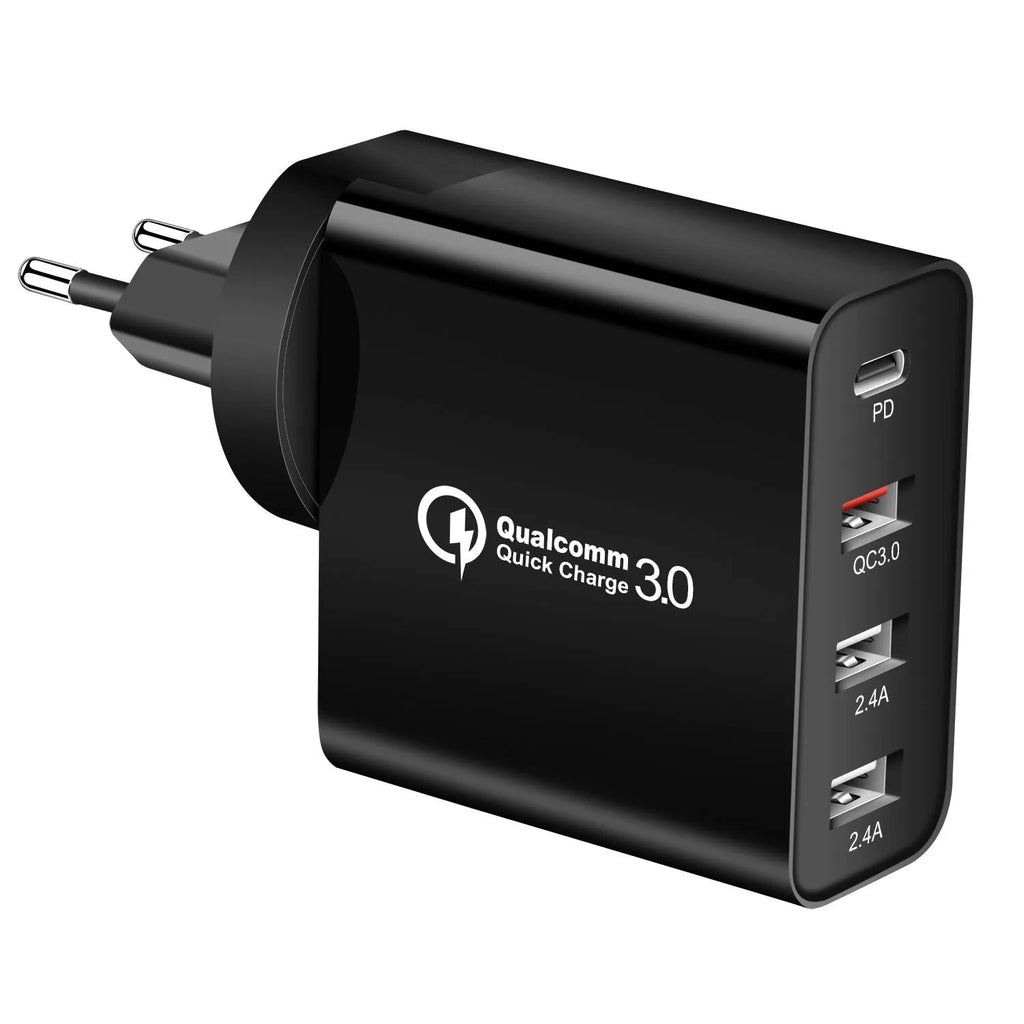 Black 48W four-port USB-C PD fast charger with LED indicators showing charging status