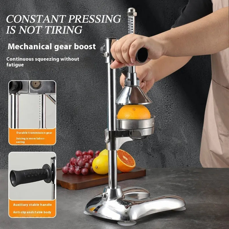 Vertical stainless steel manual citrus juicer shown in selected colour with chosen head style: pointed, flat, or double.