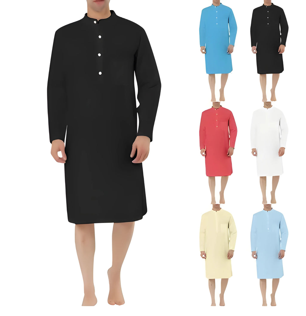 Men's cotton shirt robe with a front button closure and pockets, shown in a light blue colour.