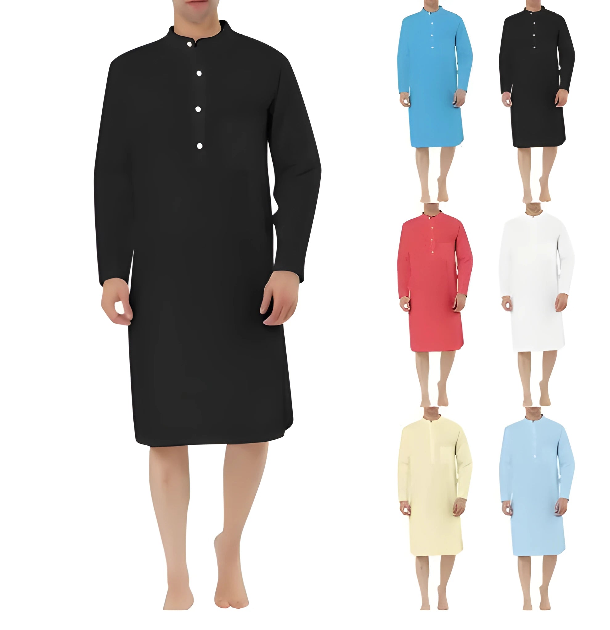 Men's cotton shirt robe with a front button closure and pockets, shown in a light blue colour.
