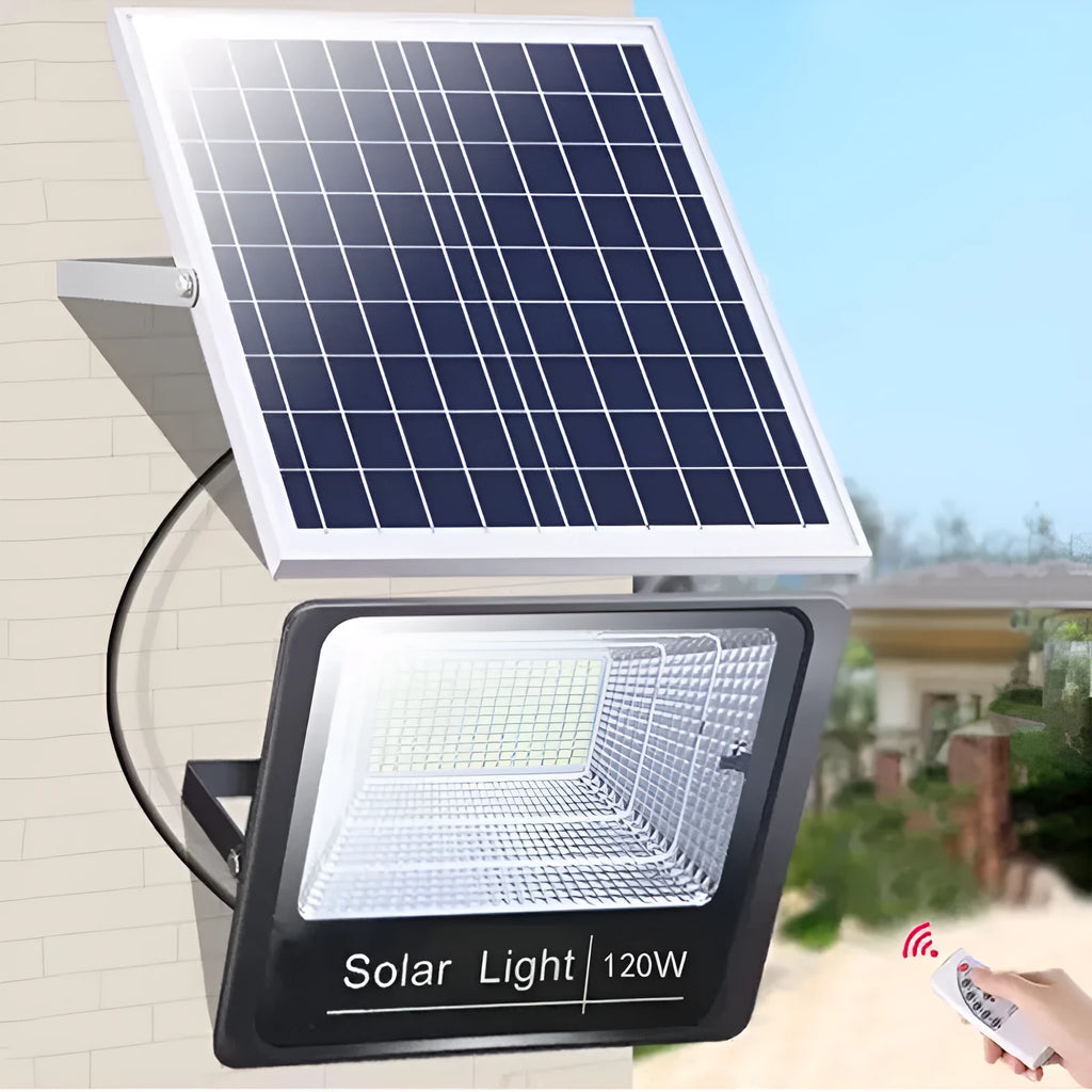 Black solar garden LED flood light with remote control showing multiple wattage options
