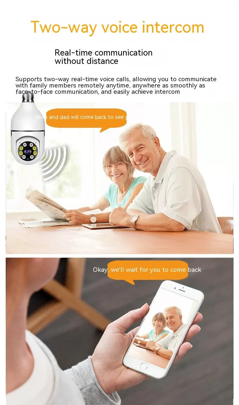 E27 bulb security camera with 1080p HD video and full colour night vision for wireless WiFi monitoring