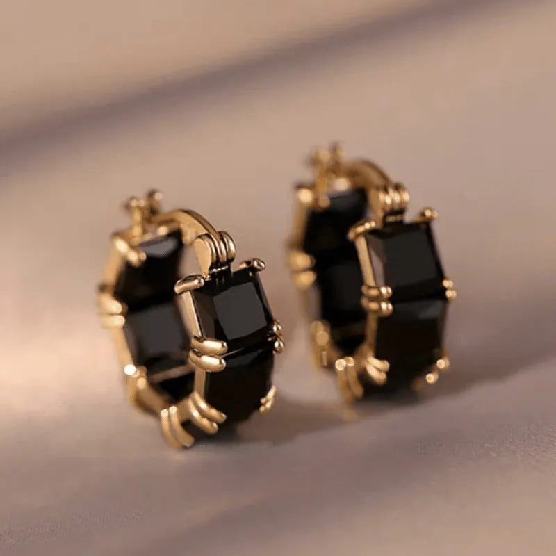 Geometric U-shaped zircon ear rings in gold setting with black, pink or white stone options