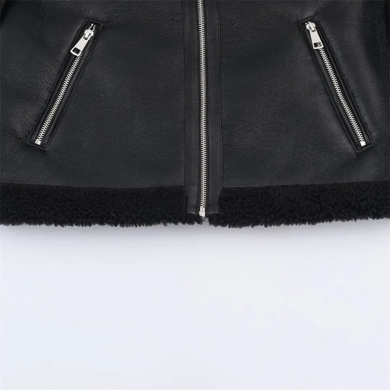 Women's double-sided fleece jacket in black with PU fabric, medium thickness, casual style, size S