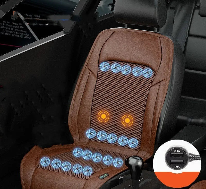 Car seat cushion with ventilation fan system showing multiple colour options and fan configurations