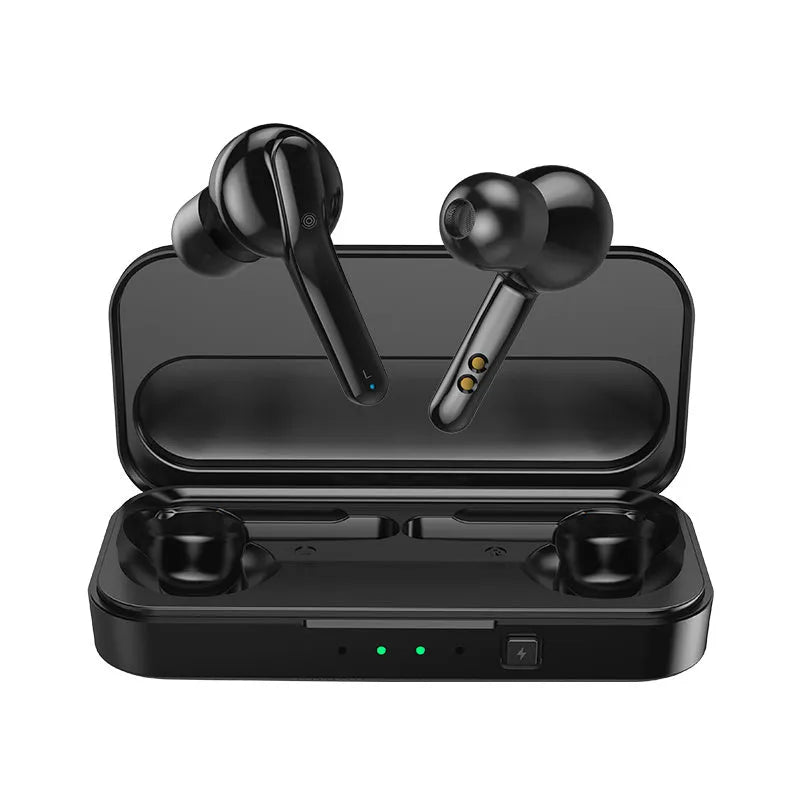 Black true wireless Bluetooth earbuds with in-ear design and IPX5 waterproof rating.