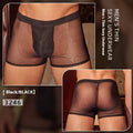 Men's black ultra-thin breathable boxer briefs made from nylon fabric, shown laid flat.