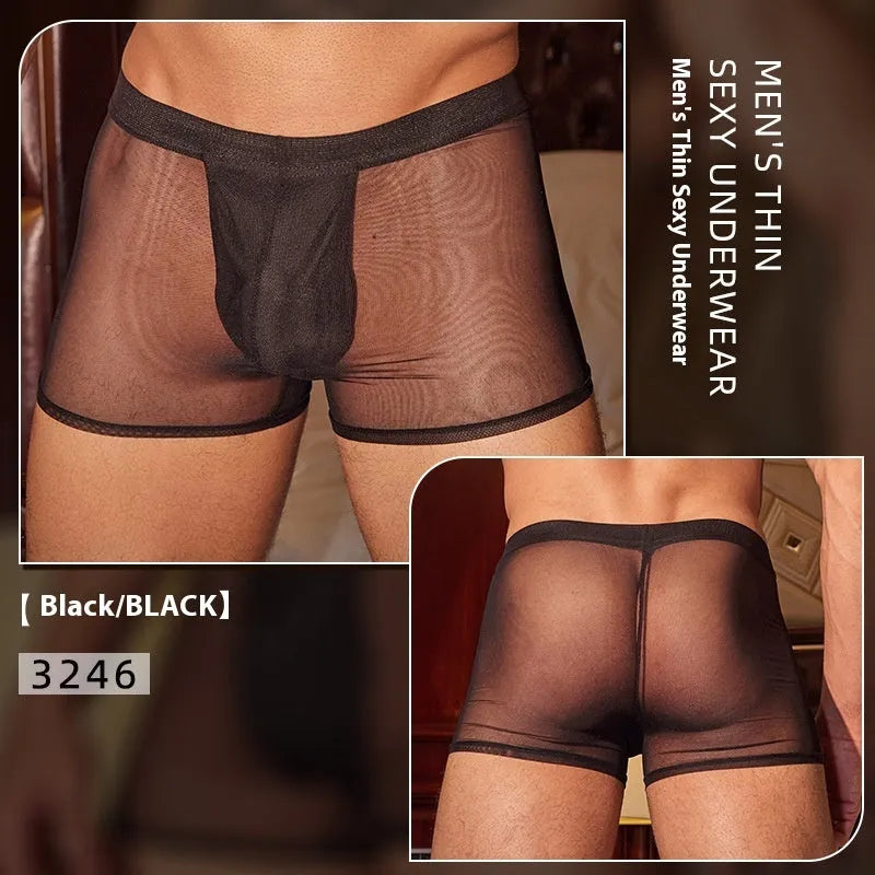 Men's black ultra-thin breathable boxer briefs made from nylon fabric, shown laid flat.
