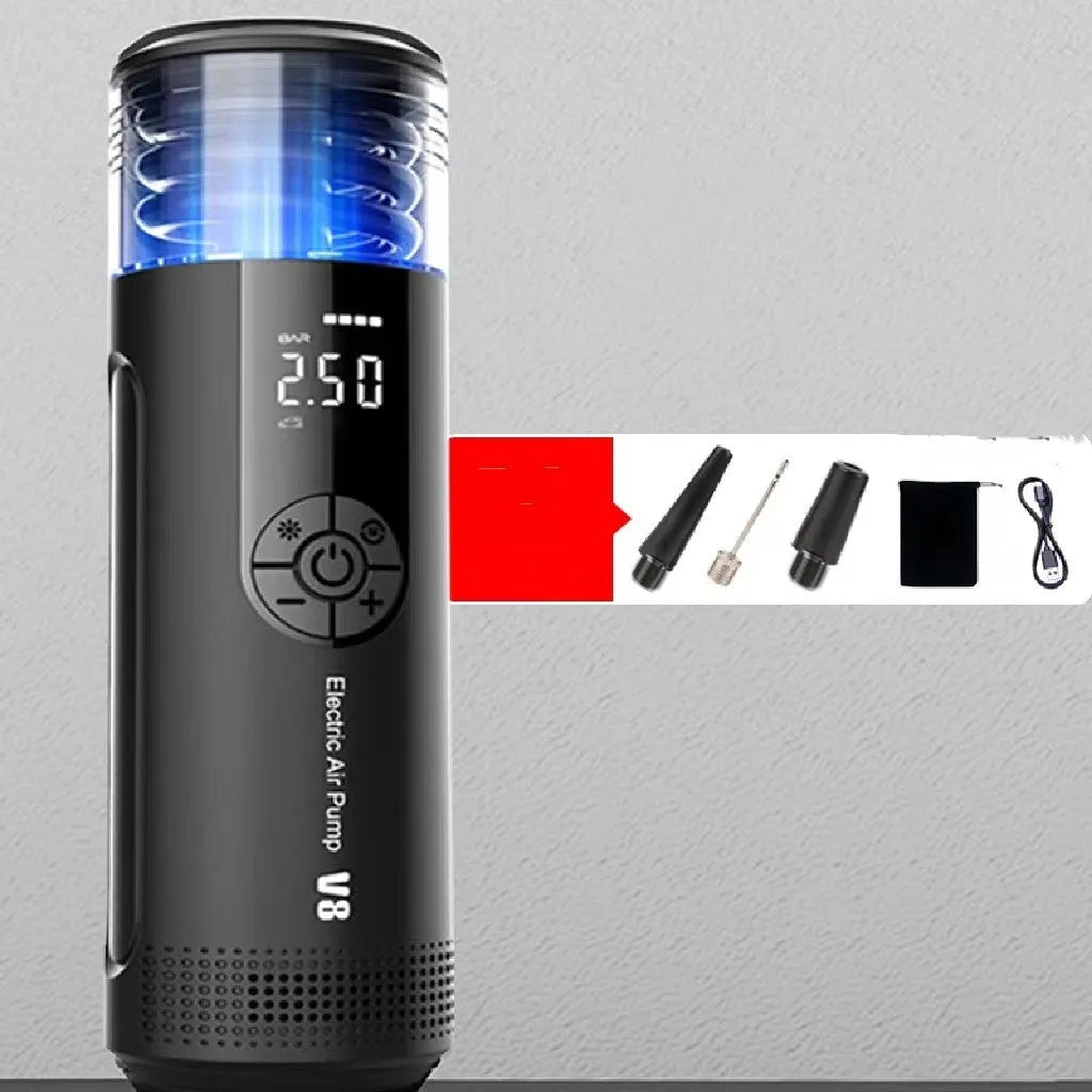 Black electric tyre pump with digital display and long hose for car and bicycle inflation