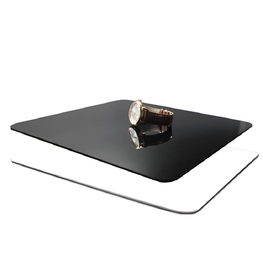 Black and white acrylic reflection boards in 20x20cm, 30x30cm, and 40x40cm sizes for photography