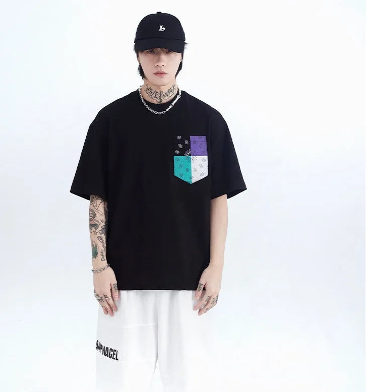 Men's printed short sleeve t-shirt in loose cotton stripe, black pullover