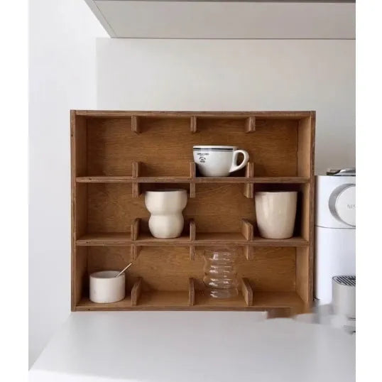 Square birch wood storage rack with multiple grid compartments for cup organisation in meridian colour finish