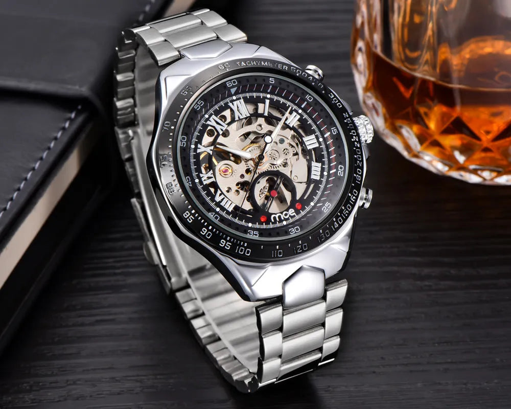 MCE men's mechanical watch with explosion-proof case on wrist, multiple colour options available.