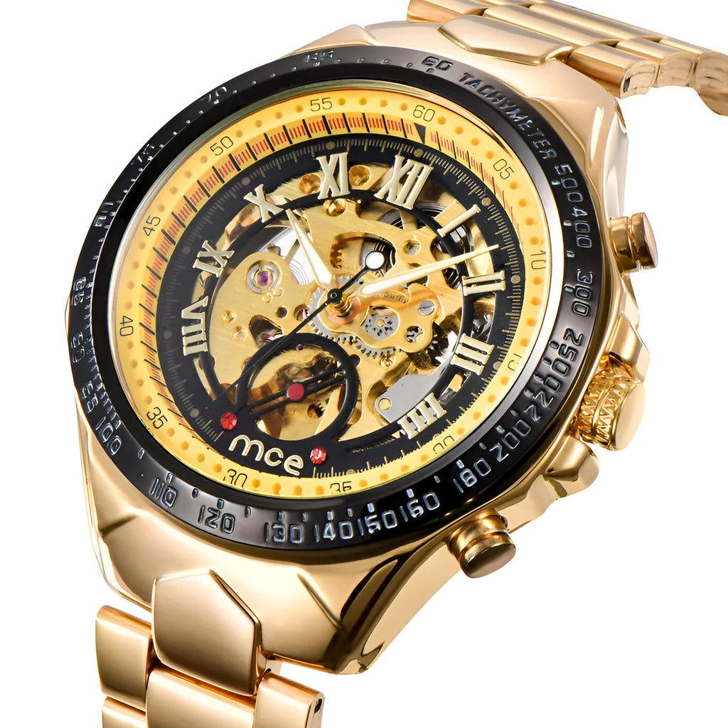 MCE men's mechanical watch with explosion-proof case on wrist, multiple colour options available.