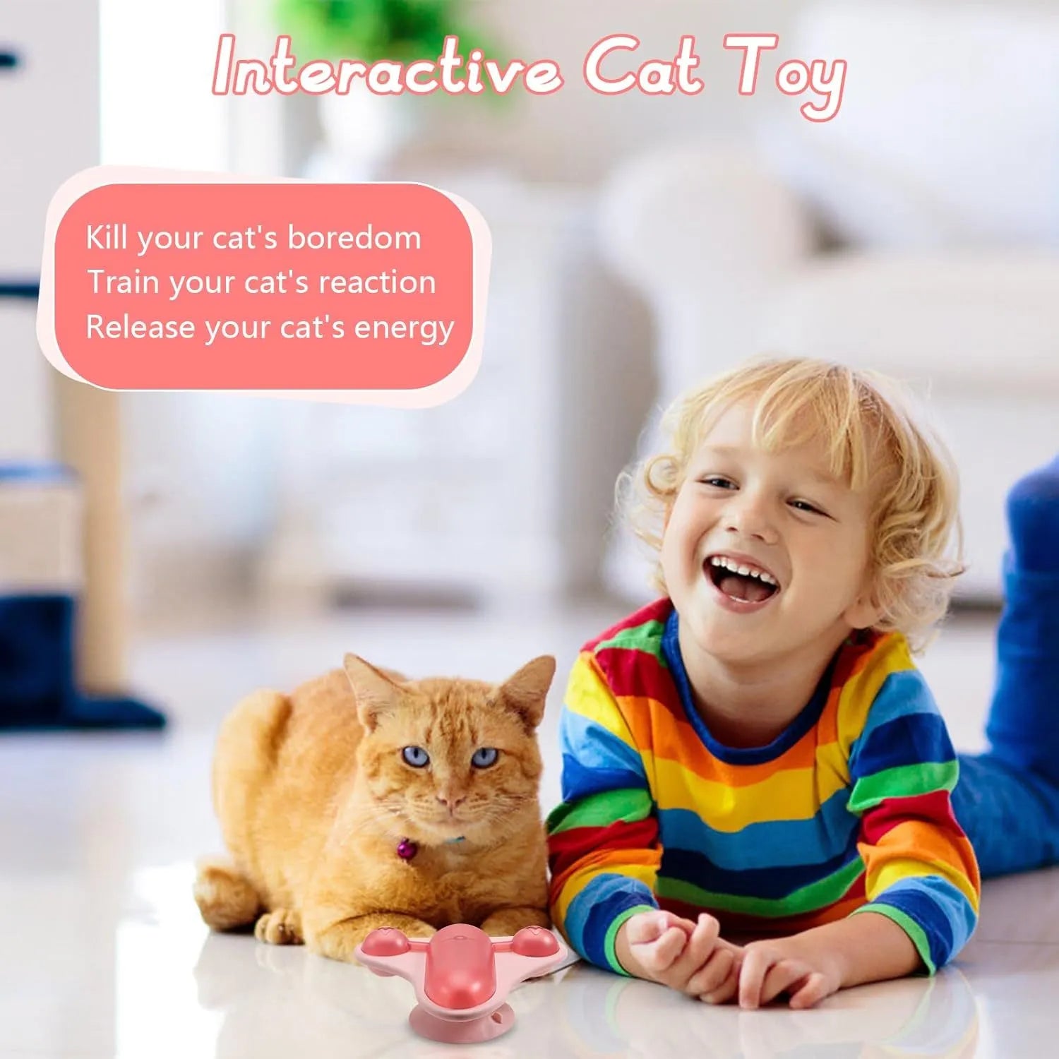 Blue interactive pet puzzle toy with snack cabin, bell, and catnip on a smooth floor.