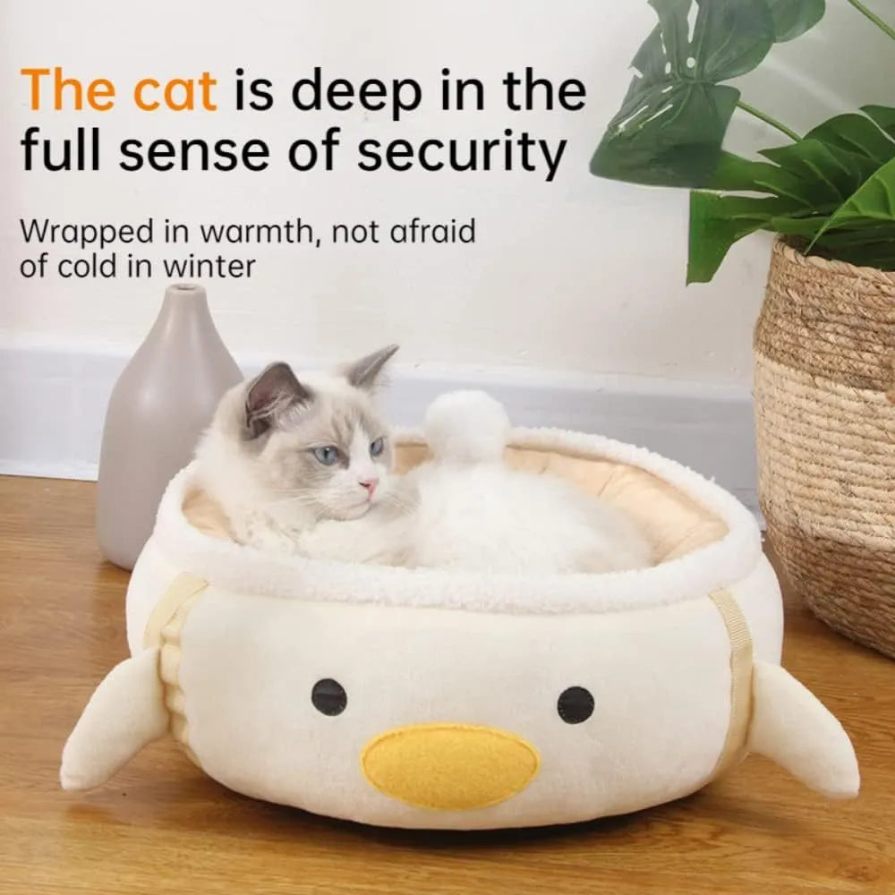 Green chick-shaped cat bed shown both flat and hanging as a hammock, suitable for small pets.