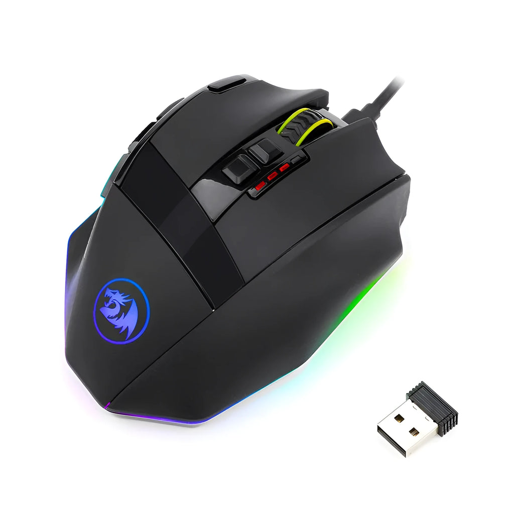 Black Redragon M801P wireless and wired dual-mode gaming mouse with multiple side buttons.