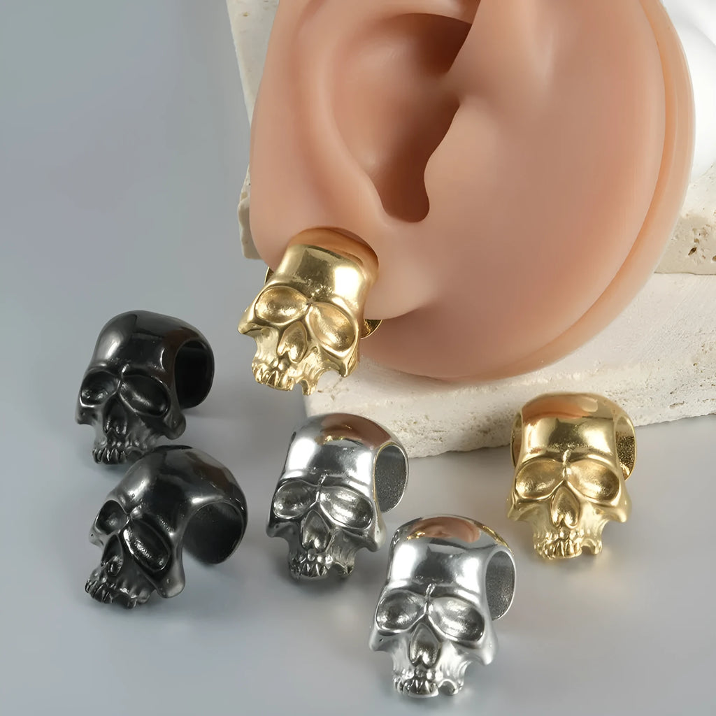 Stainless steel hollow geometric skull and Buddha head earrings with electroplated finish