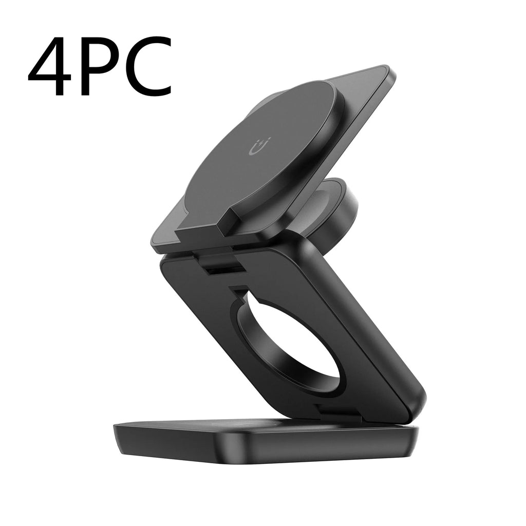 Foldable magnetic wireless phone charger stand in black showing adjustable angles