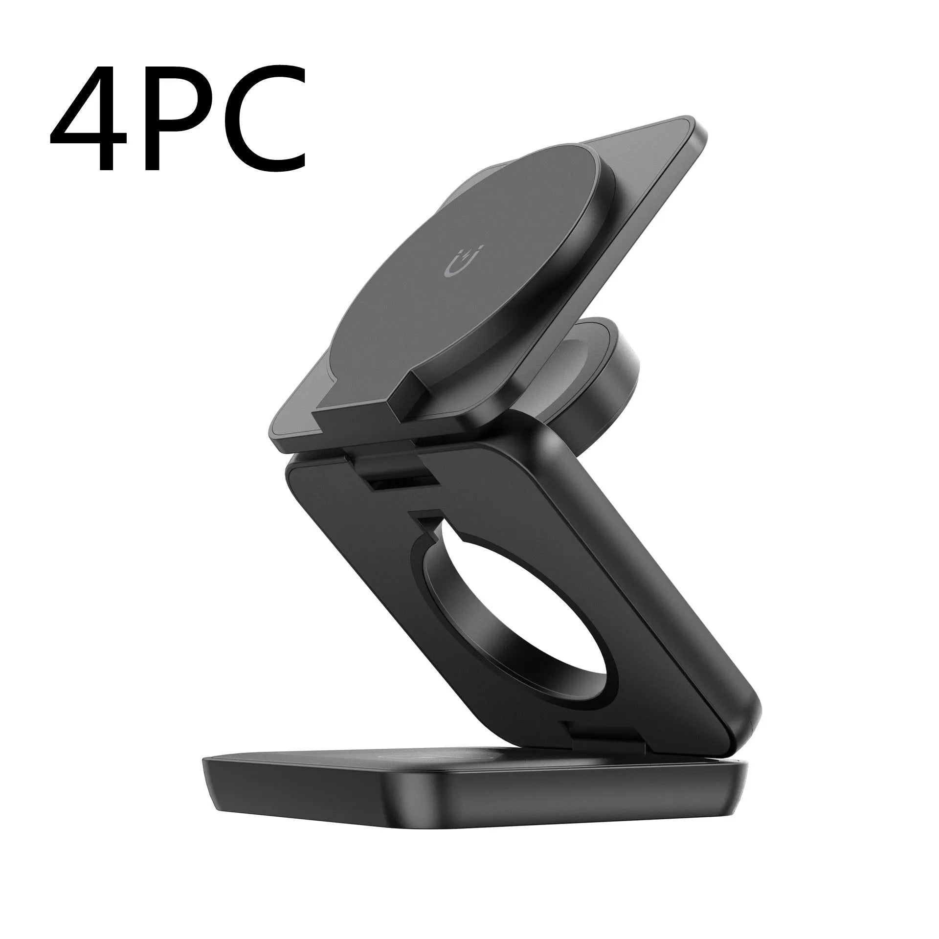 Foldable magnetic wireless phone charger stand in black showing adjustable angles