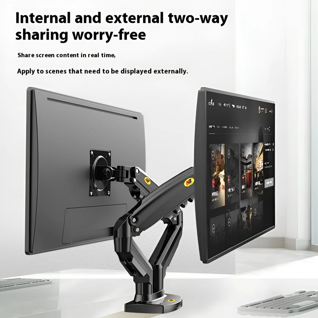 Gun black aluminium alloy dual monitor arm holding two screens on a desktop