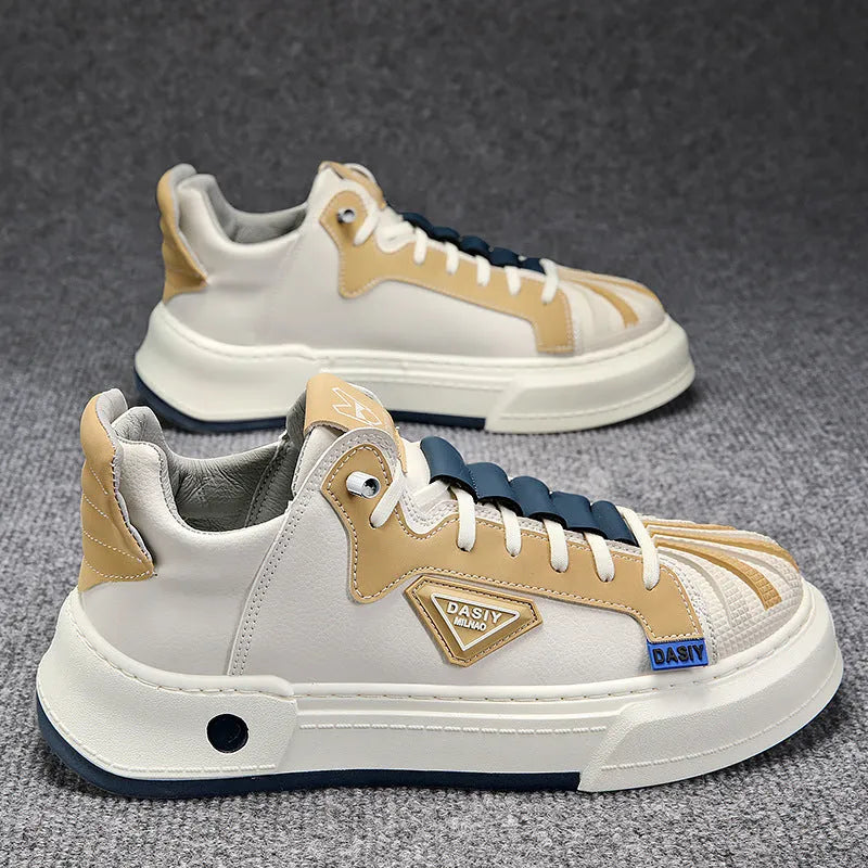 Men's beige low-top sneakers with elastic band and mesh lining for casual wear