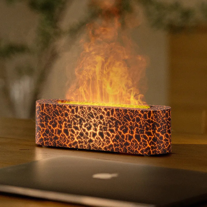 Square black desktop aroma diffuser and humidifier with creative lava flame lighting effect.