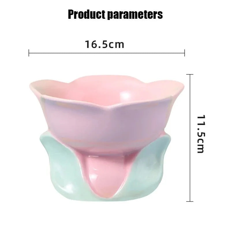 Blue floral patterned ceramic raised bowl for cats or small dogs on a non-slip base.