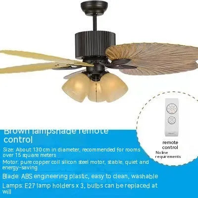 52-inch retro ceiling fan light with wooden blades and copper lampshade lighting