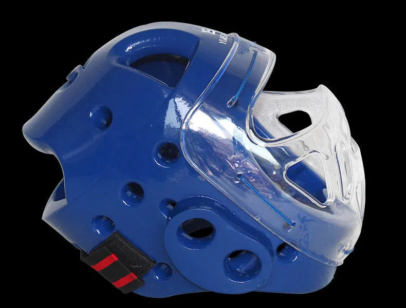 A karate helmet for boxing head protection, shown in white, blue, and red colour options.