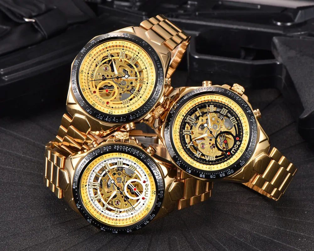 MCE men's mechanical watch with explosion-proof case on wrist, multiple colour options available.
