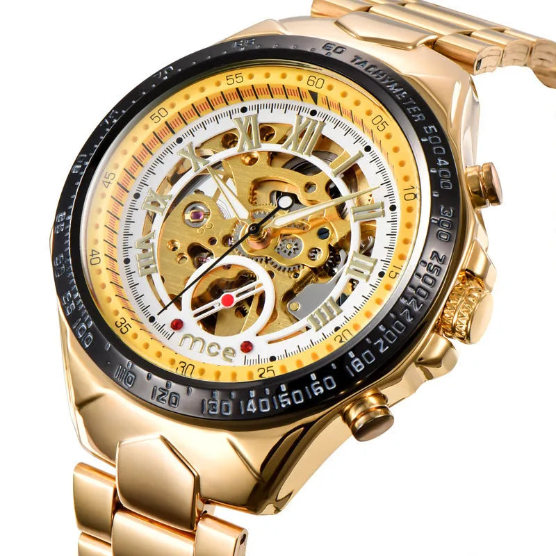MCE men's mechanical watch with explosion-proof case on wrist, multiple colour options available.