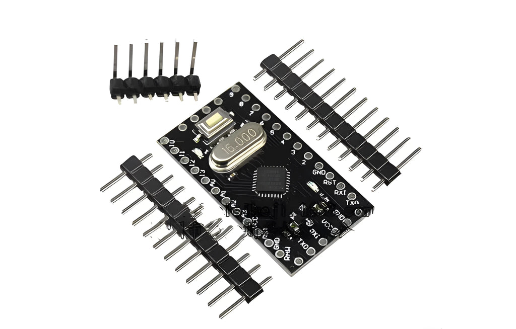 Mini Pro ATMEGA328P microcontroller circuit board with pin headers measuring 33.3mm by 18.0mm