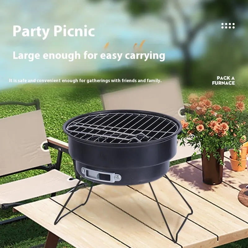Small round folding outdoor stove with grill mesh and furnace legs for 1-2 person barbecues