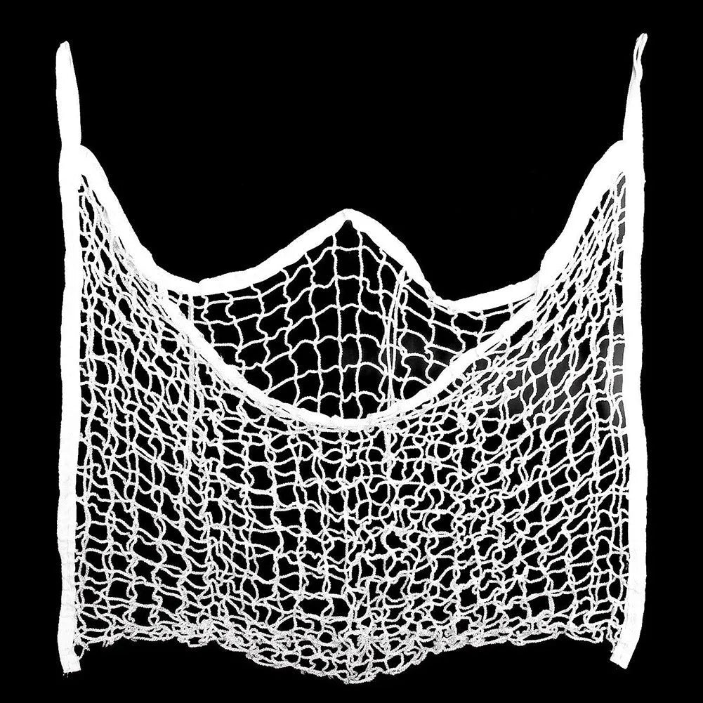 Woven grid horse hanging feeding bag made from black PE rope with open square pattern for livestock feeding