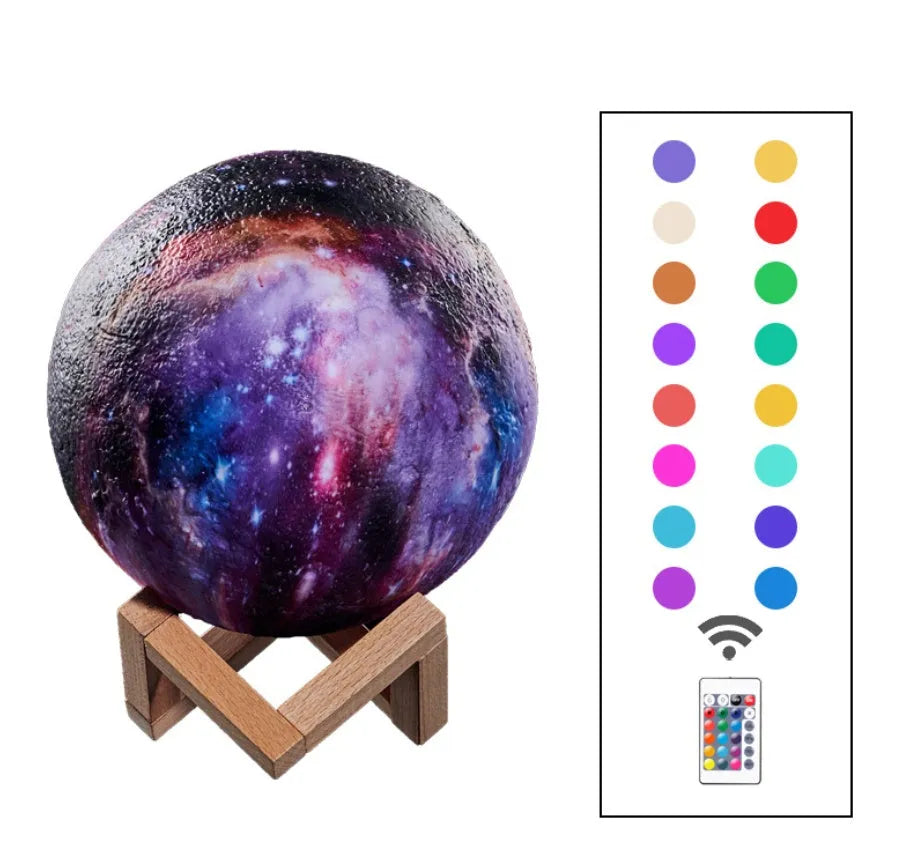 3D printed spherical lunar surface night light glowing with soft yellow and white LED light on a table.