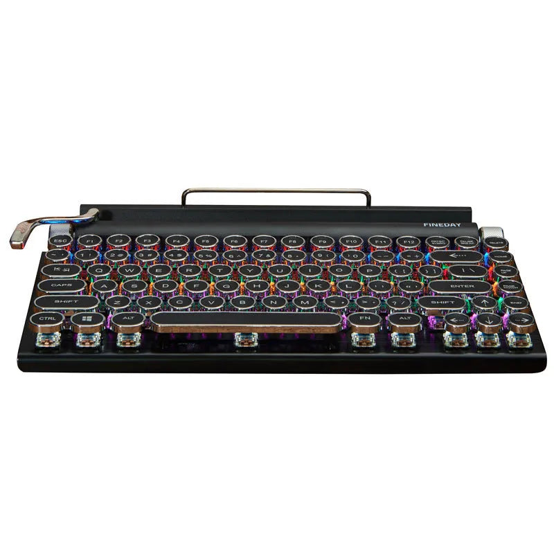 Black retro typewriter-style mechanical keyboard with Bluetooth connectivity and seven-colour backlight