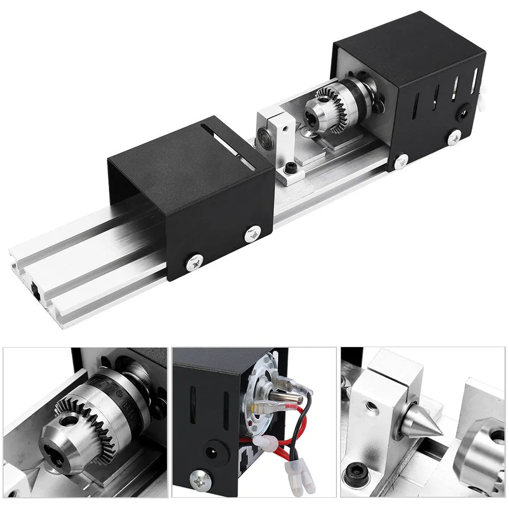 Metal mini woodworking lathe with carving knives and tools for small woodturning projects