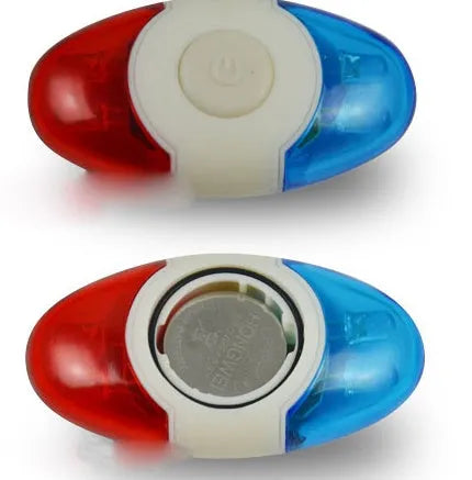 Red and blue LED tail light with adjustable mounting base on a dark background.