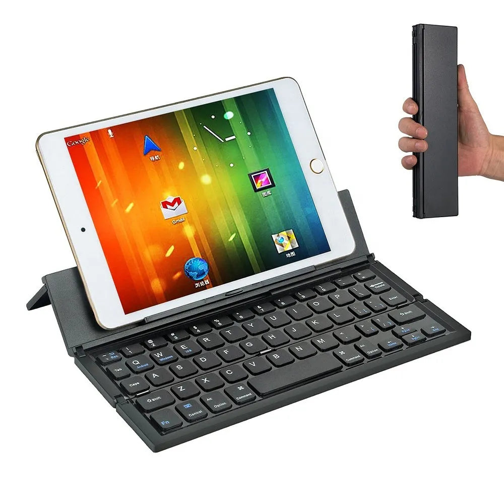 Black and white folding Bluetooth wireless keyboard for 5-8 inch tablets with aluminum bottom cover