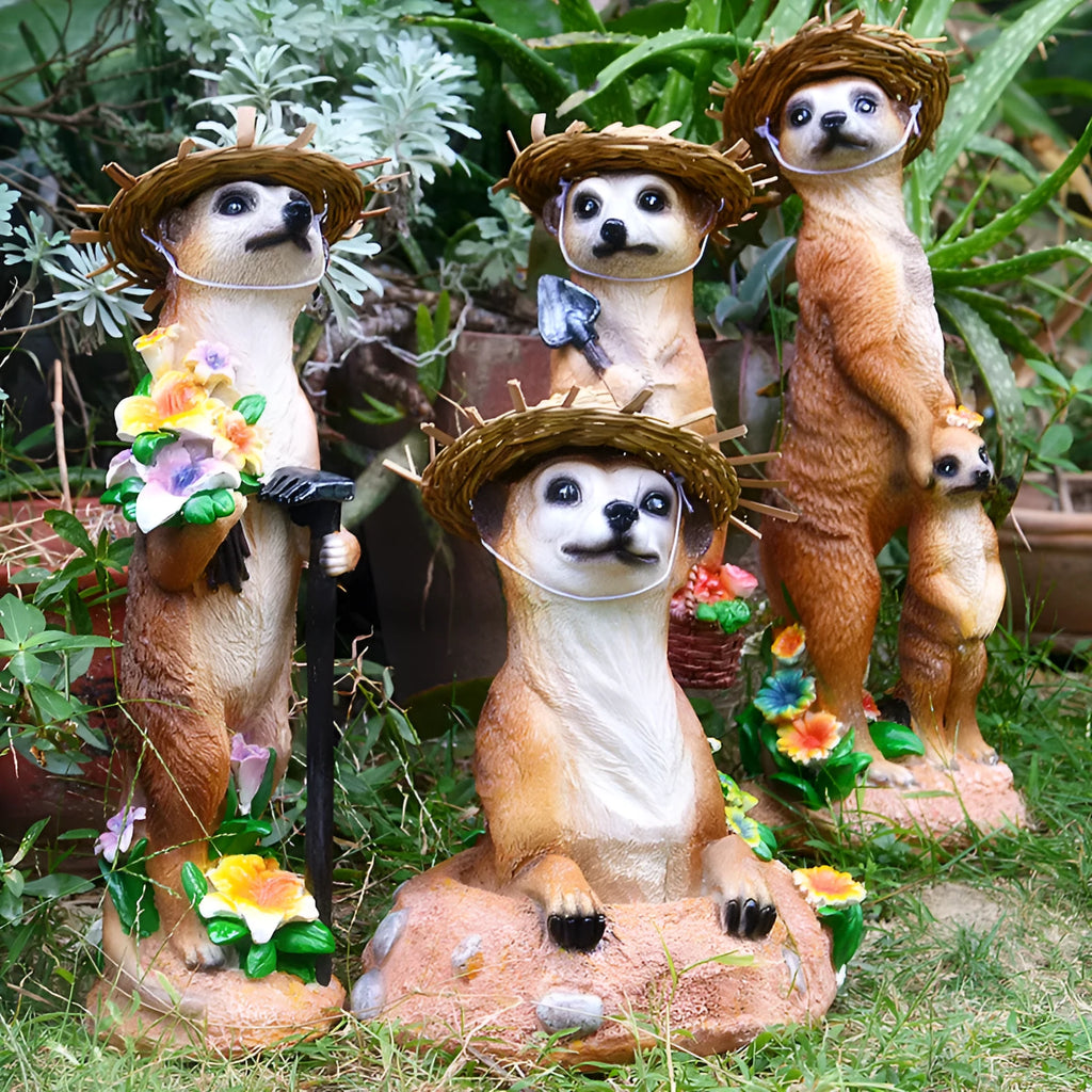Three straw hat mongoose resin ornaments for garden and bonsai decoration