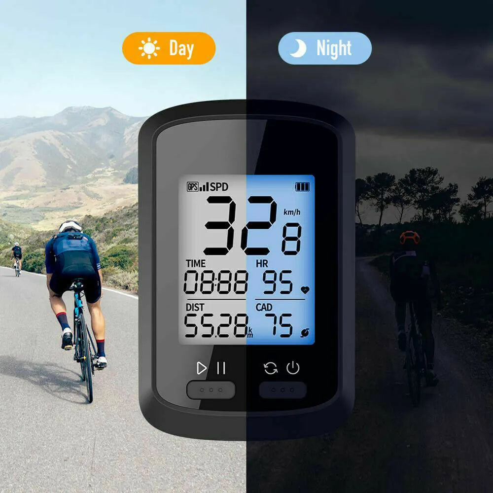 Black waterproof bicycle stopwatch with colour display mounted on bike handlebars.