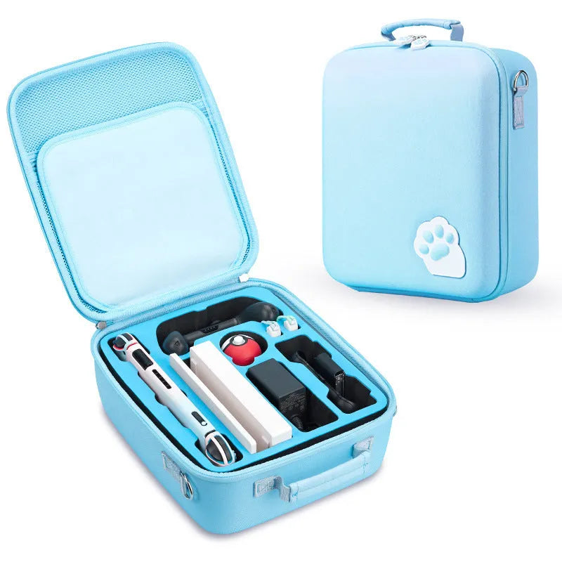 Nintendo Switch storage carry case in pink, shown with game card slots and a diagonal shoulder strap.