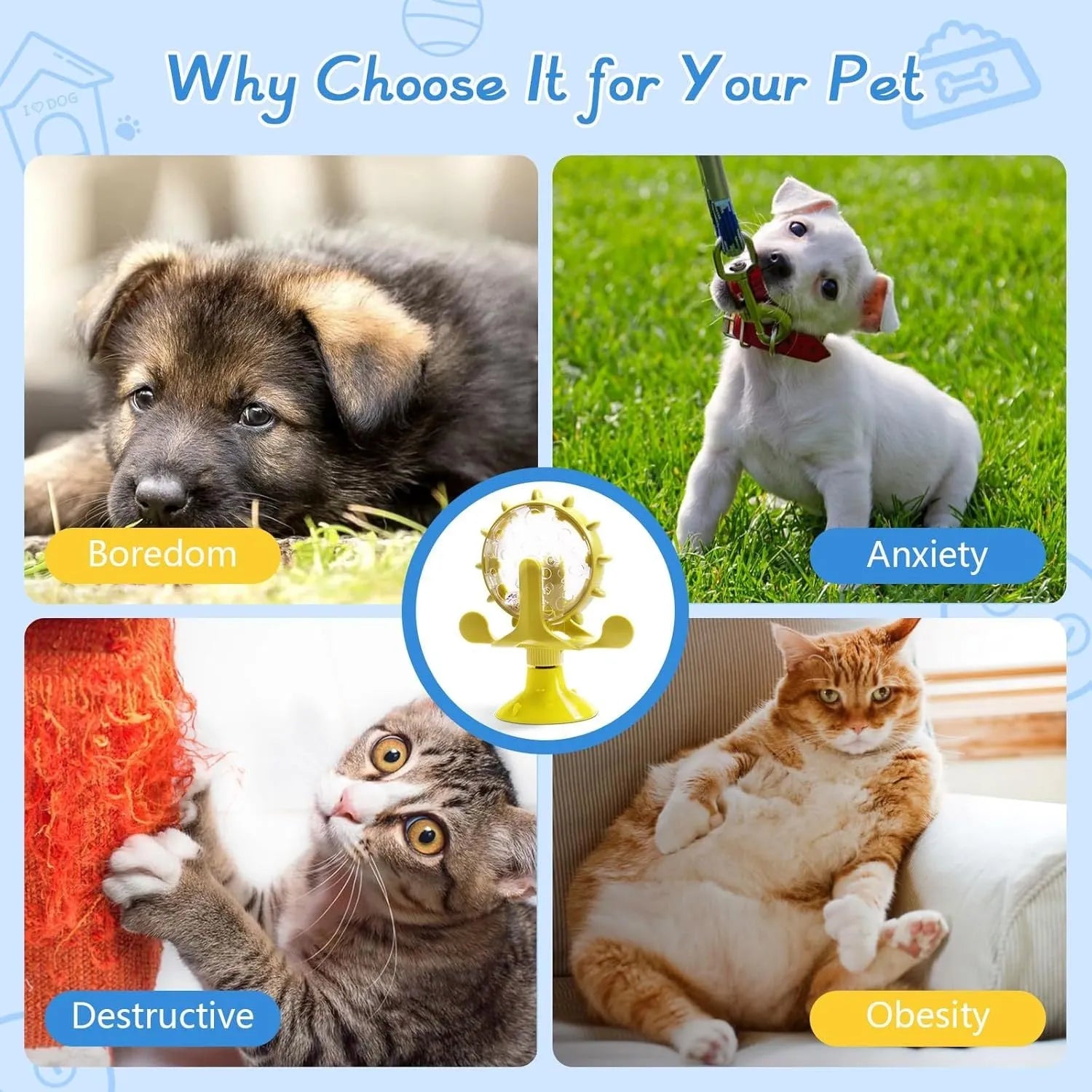 Interactive pet puzzle toy with spinner treat dispenser and suction cup base in multiple colours